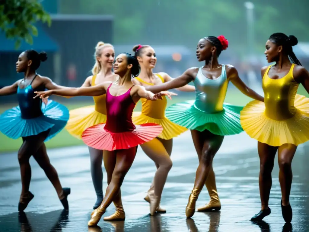 Grupo de bailarines realizando entrenamiento de danza en clima lluvioso, con movimientos elegantes y determinación en sus rostros