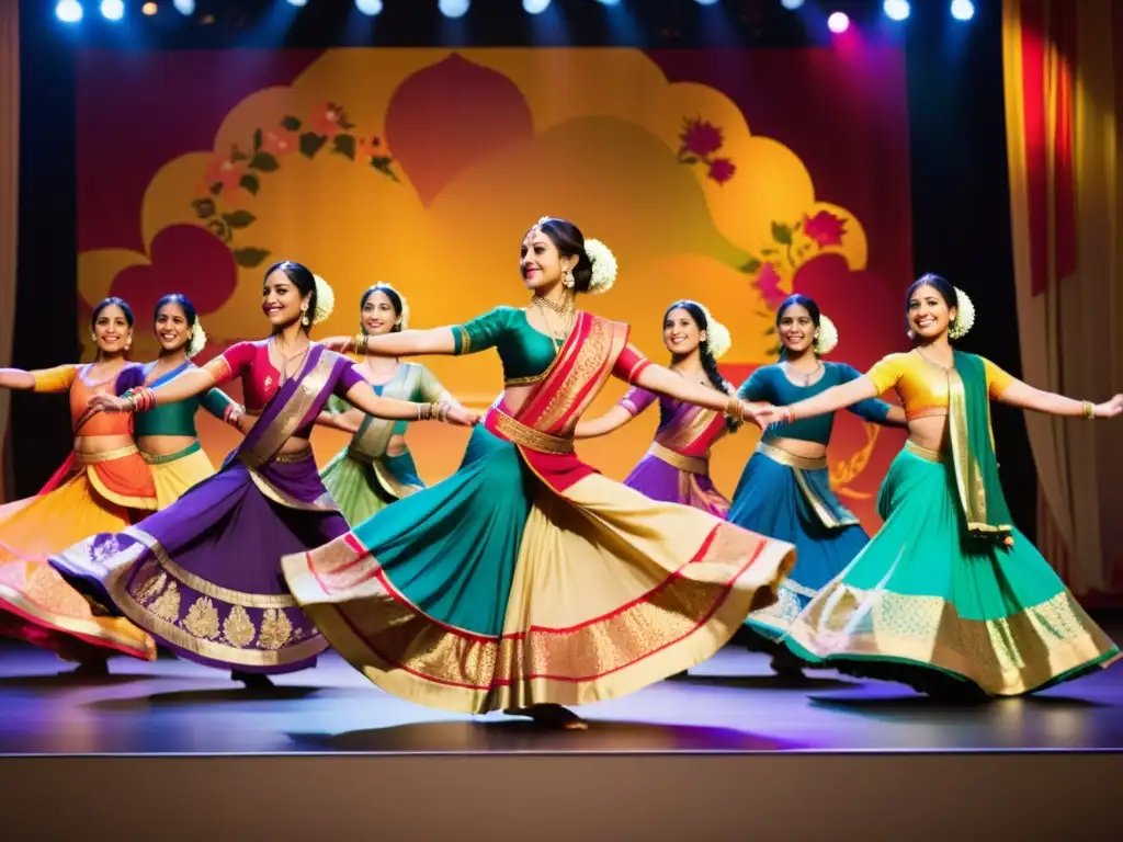 Un grupo de bailarines entusiastas ejecuta una elegante danza india moderna en un escenario colorido