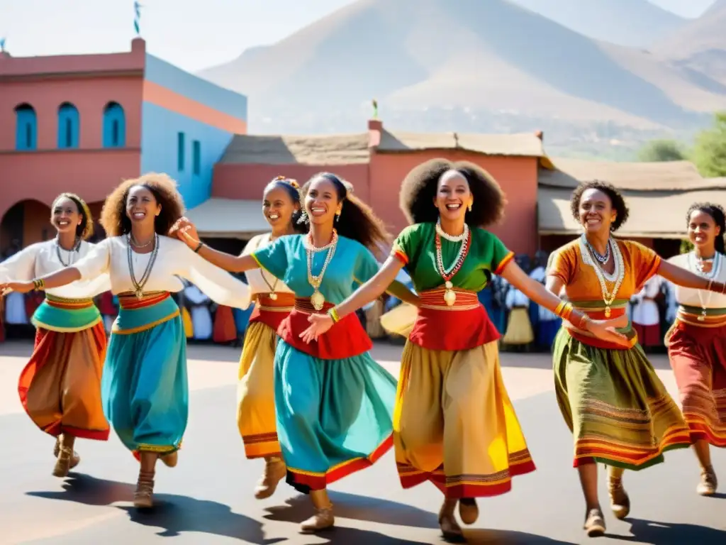 Grupo de bailarines Tigrinyas Eritreos celebrando la danza Tigrinya, exudando alegría y orgullo en un colorido baile tradicional