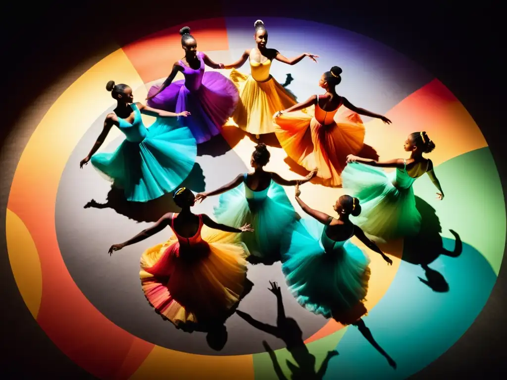 Espectáculo de baile sincronizado: un despliegue de gracia y belleza Grupo de bailarines en escena con trajes coloridos y movimiento sincronizado