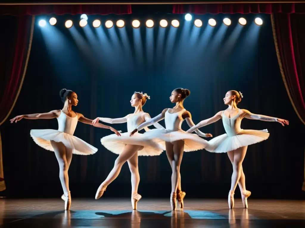 Grupo de bailarines en escenario, demostrando fuerza y elegancia con entrenamiento en altitud para bailarines