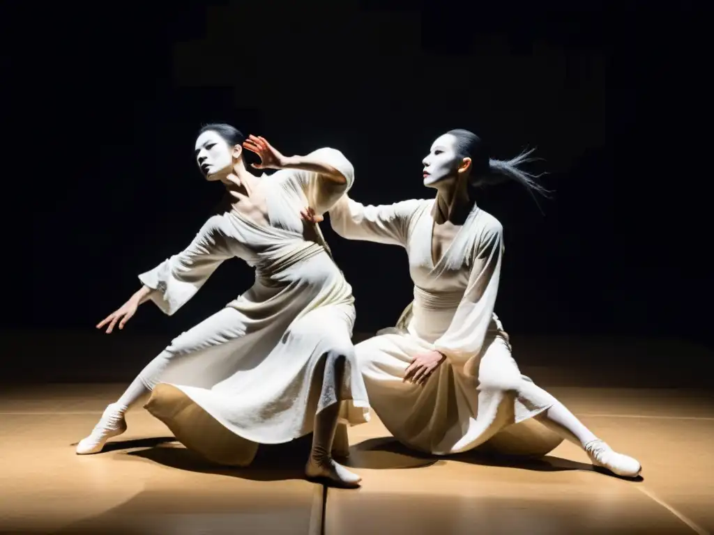 Grupo de bailarines Butoh en un escenario tenue, expresando belleza y misterio en el Festival Danza Butoh Japón