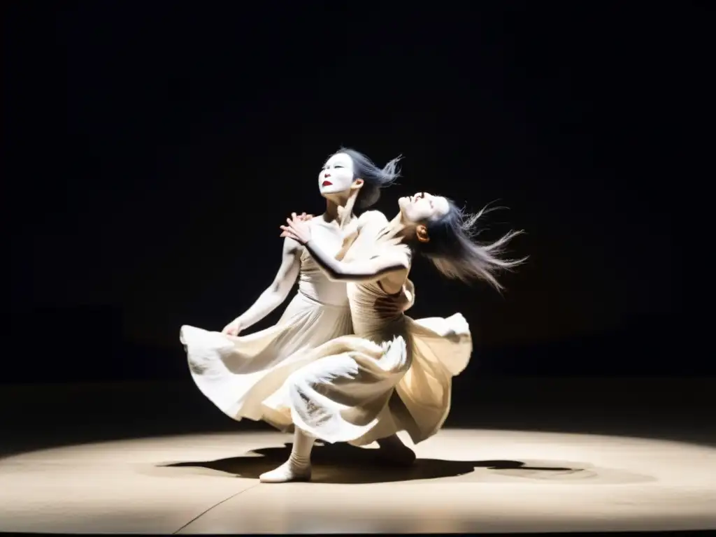 Grupo de bailarines Butoh en escenario tenue, cuerpos contorsionados y expresivos, rostros pintados de blanco, creando escena hipnótica y conmovedora