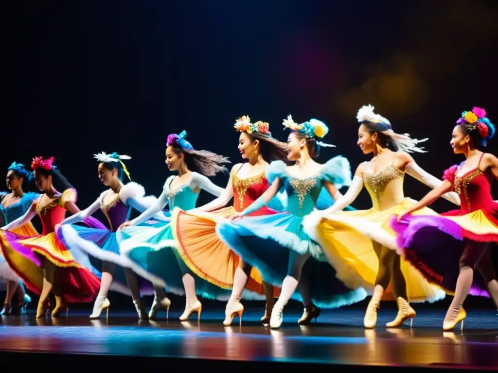 Grupo de bailarines en un escenario con trajes coloridos, cautivando a una audiencia en un evento de danza VIP mundial