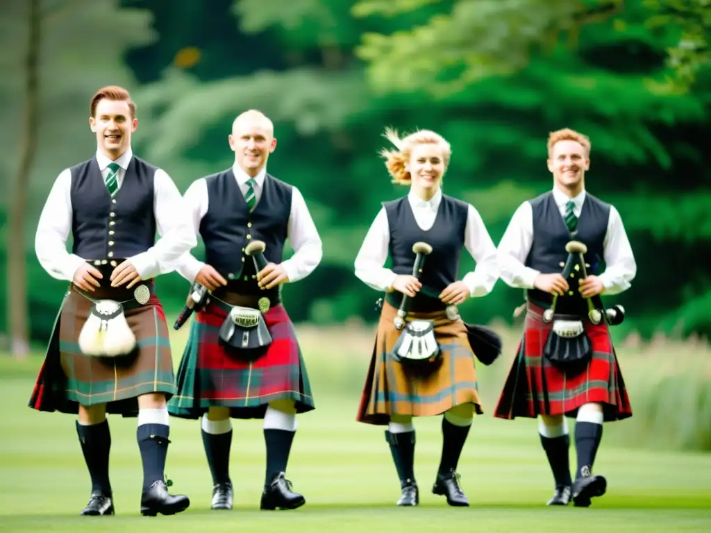 Grupo de bailarines escoceses danzando en un claro soleado, vistiendo kilts tradicionales con patrones de tartán