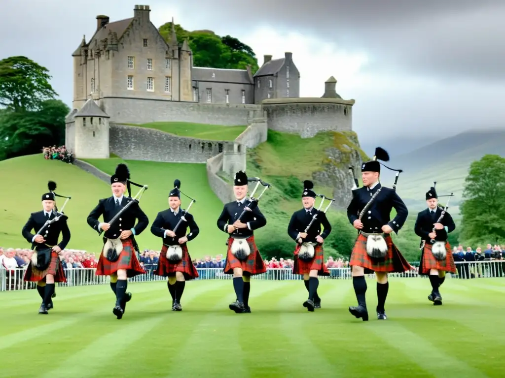 Grupo de bailarines escoceses ejecutando la Danza de la Espada, con kilts ondeando y gaitas de fondo