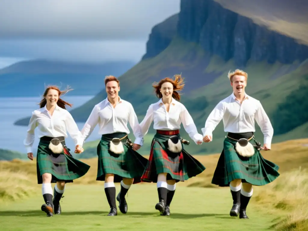 Grupo de bailarines escoceses vistiendo kilts de tartán, realizando una danza tradicional en la Isla de Skye