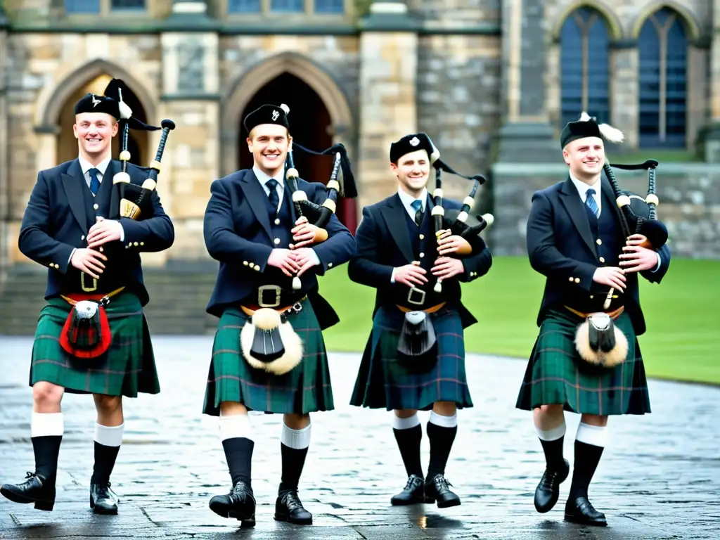 Grupo de bailarines escoceses con kilts y gaitas en el Festival de Danza de Edimburgo, mostrando su significado cultural con alegría y tradición