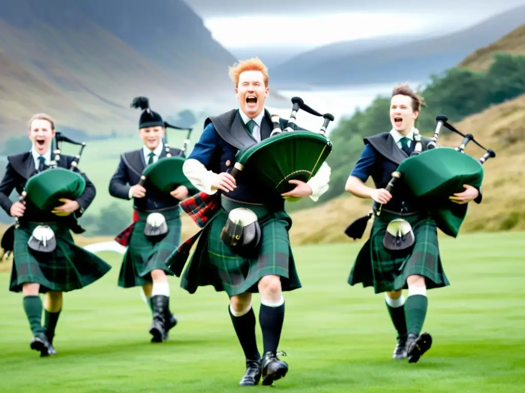 Grupo de bailarines escoceses con kilts y chales a cuadros realizan la danza escocesa en un verde valle, con montañas neblinosas al fondo