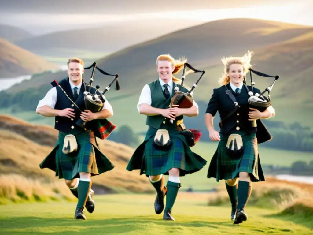 Un grupo de bailarines escoceses en pleno baile tradicional, con kilts y gaitas al fondo