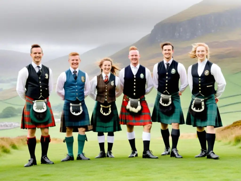 Un grupo de bailarines escoceses de las Tierras Altas, con kilts y chalecos bordados, realizan un animado reel