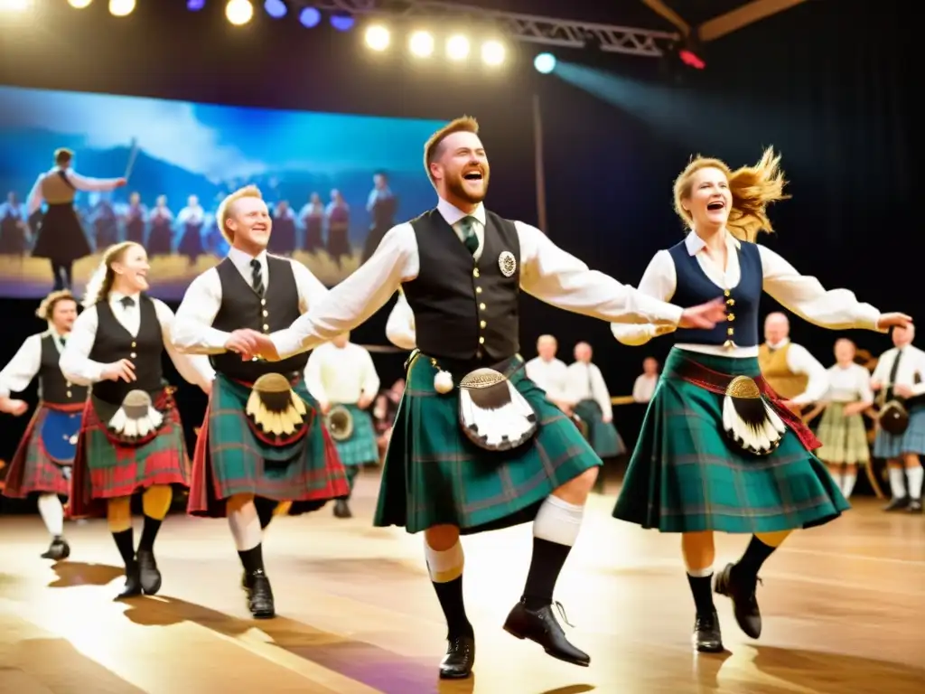 Un grupo de bailarines escoceses tradicionales en pleno baile en un animado evento céilidh