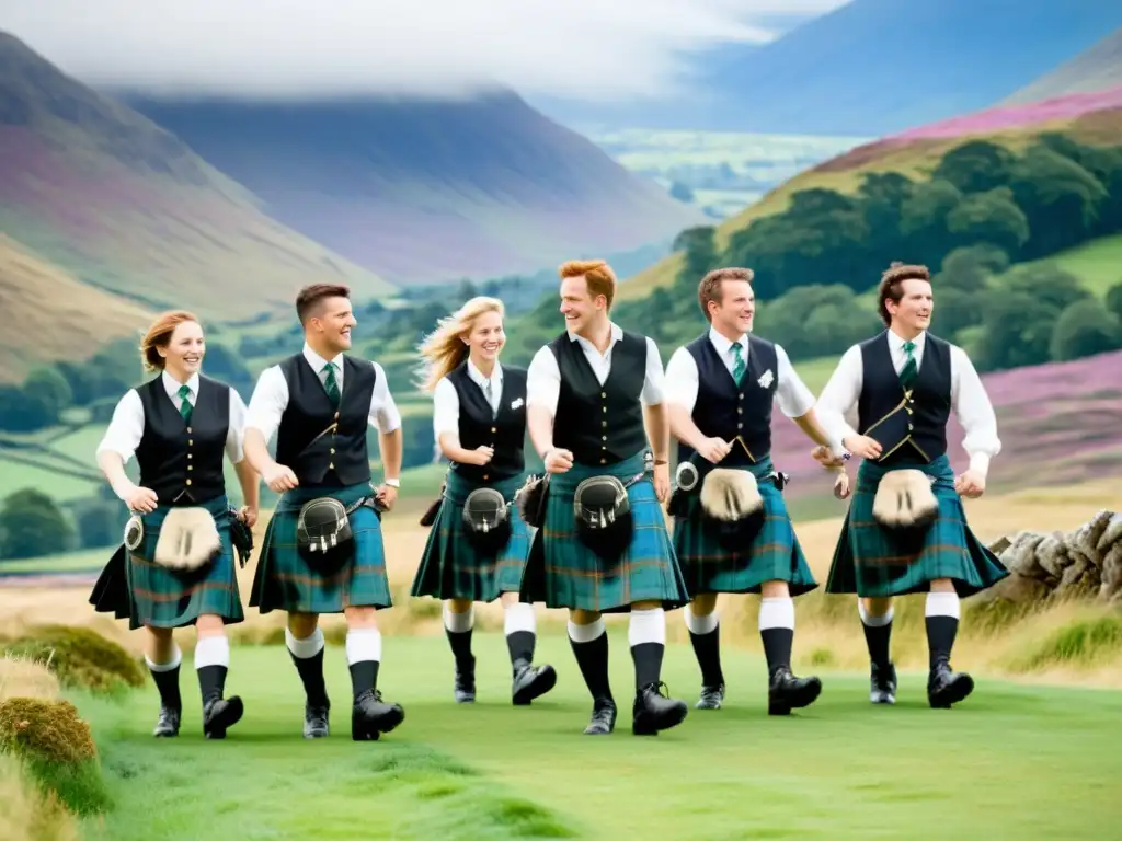 Un grupo de bailarines escoceses en kilts tradicionales realiza el reel escocés con gracia, rodeados de un impresionante paisaje natural