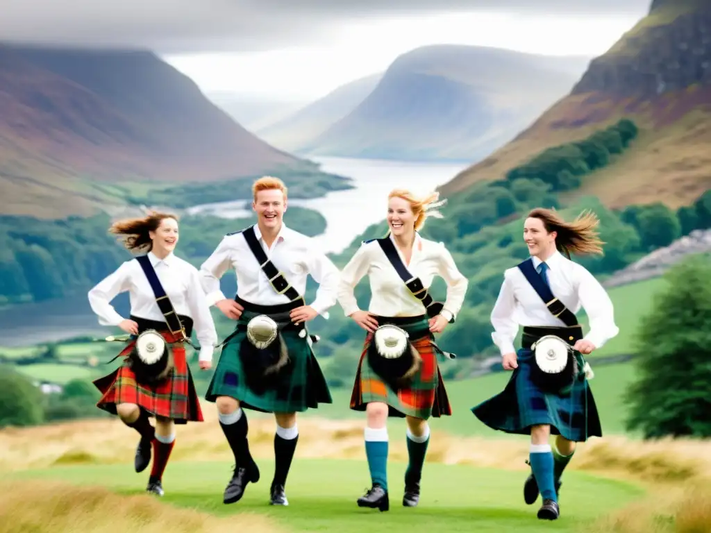 Un grupo de bailarines escoceses tradicionales con kilts coloridos realizando una animada danza en un paisaje pintoresco de Escocia