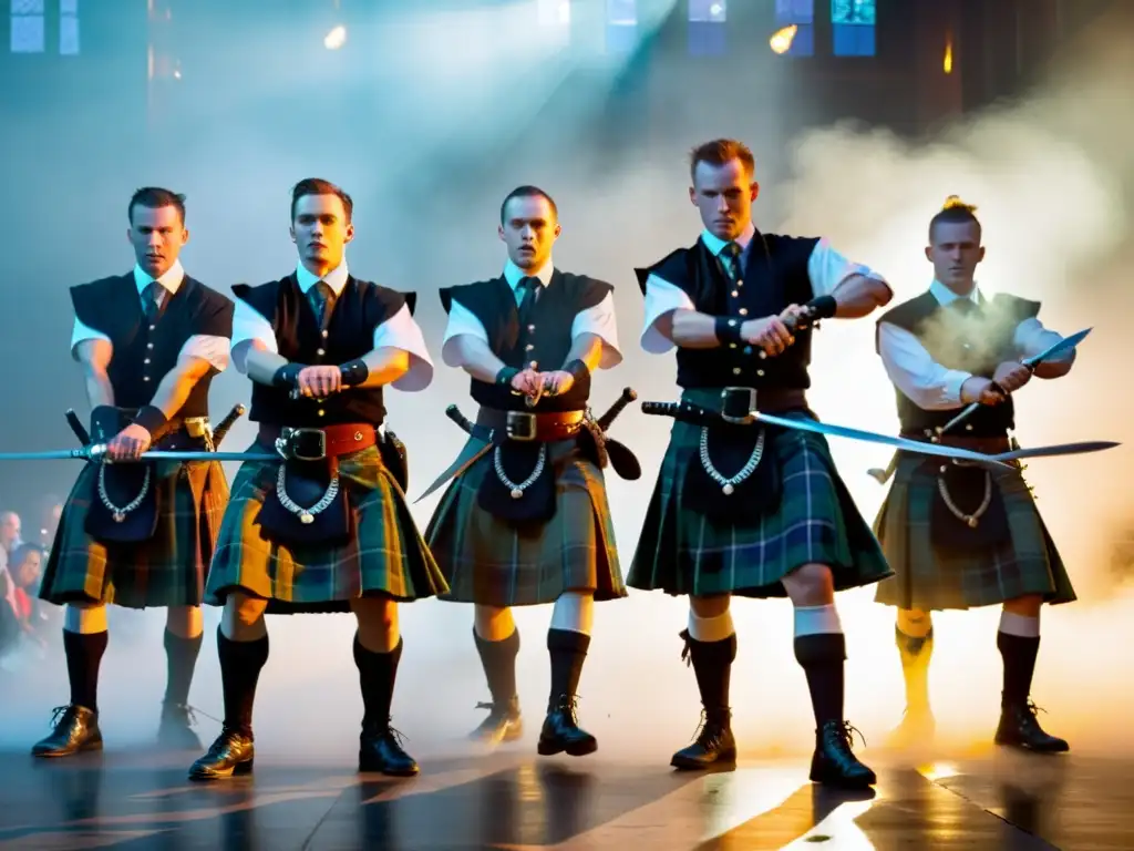 Grupo de bailarines escoceses en kilts tradicionales ejecutando la danza de la espada escocesa en un entorno brumoso y dramático