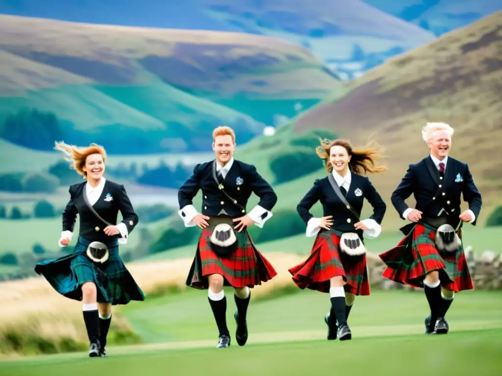 Grupo de bailarines escoceses en trajes tradicionales realizando el Highland Fling en un entorno pintoresco con colinas verdes y cielo azul