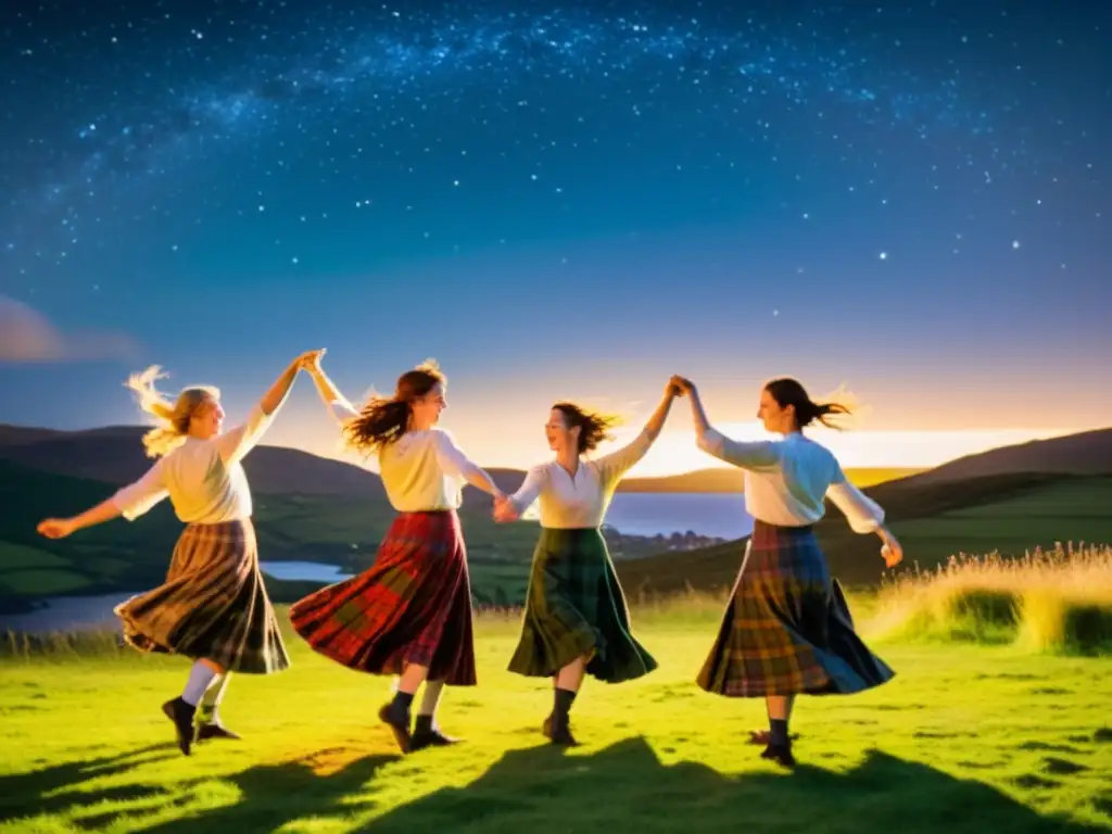 Un grupo de bailarines escoceses en trajes tradicionales se reúnen en un campo, enlazando sus brazos y bailando un animado céilidh bajo el cielo estrellado en el Festival de Danza de Skye