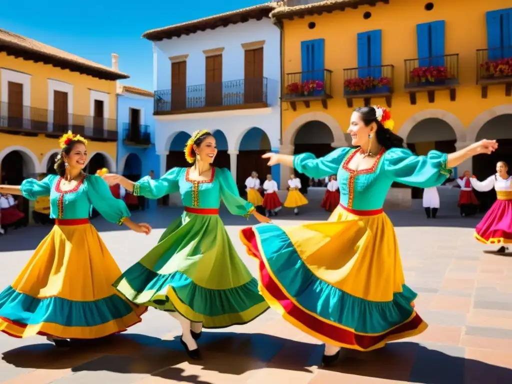 Bailarines de jota española en plaza soleada Grupo de bailarines españoles realizando una animada jota en la plaza del pueblo