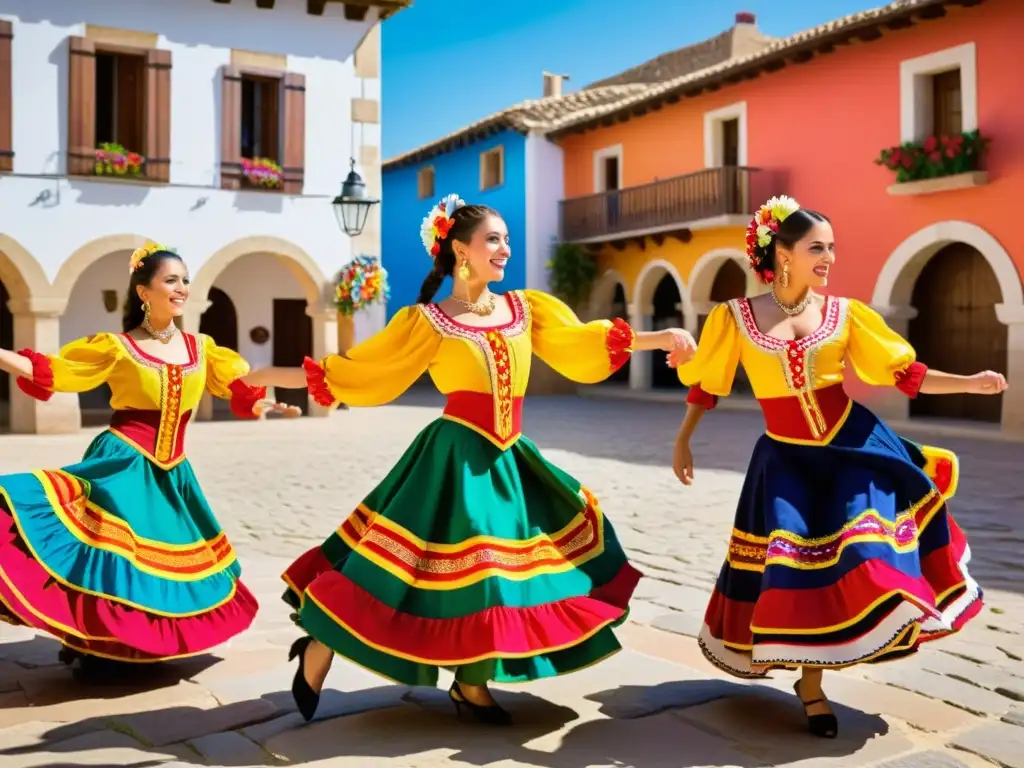 Un grupo de bailarines españoles ejecuta la enérgica danza Jota en una plaza de pueblo