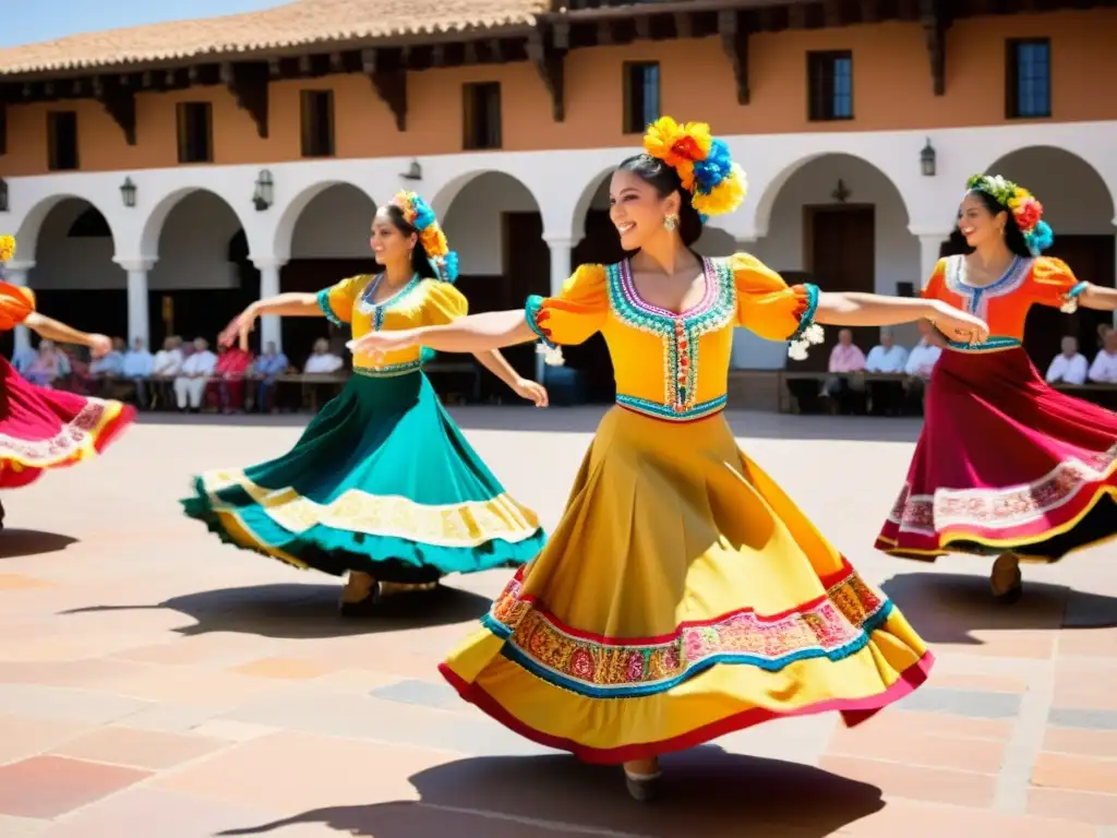Un grupo de bailarines españoles tradicionales realiza la vibrante seguidilla en una plaza soleada