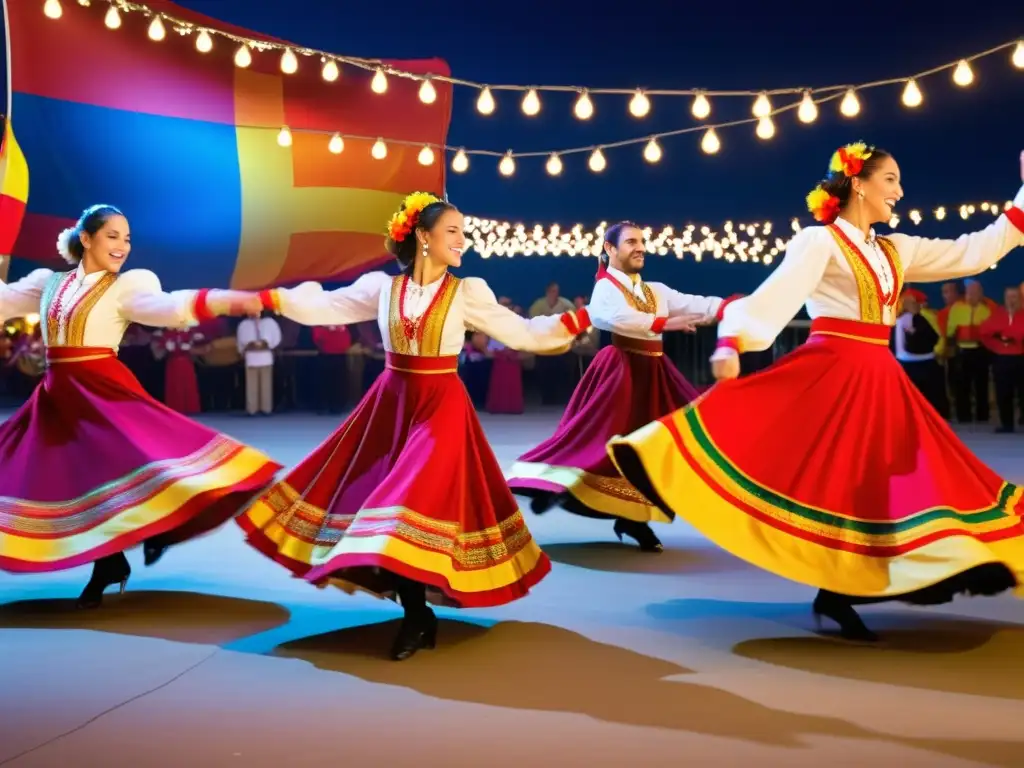 Grupo de bailarines españoles con trajes coloridos y movimientos dinámicos, capturando el significado cultural de la zambomba en la danza española