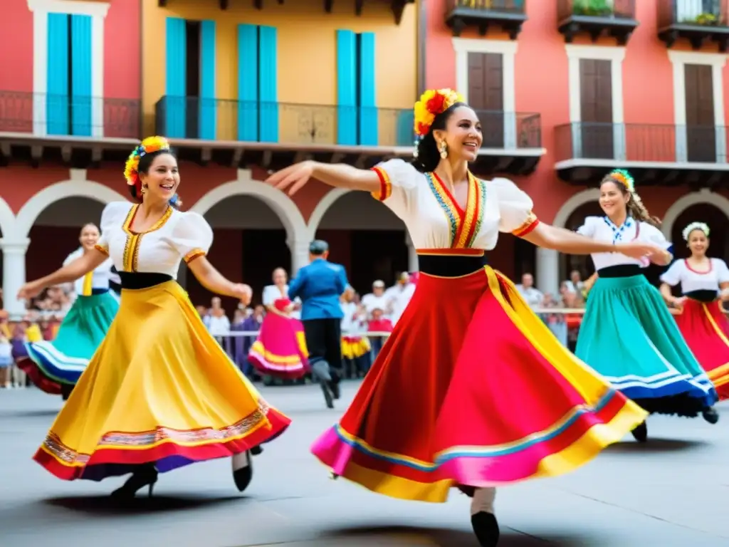 Grupo de bailarines españoles en trajes coloridos ejecutan la animada danza Jota en una plaza festiva