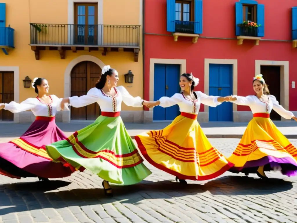 Un grupo de bailarines españoles en trajes vibrantes ejecutando fandangos y jotas en una plaza histórica