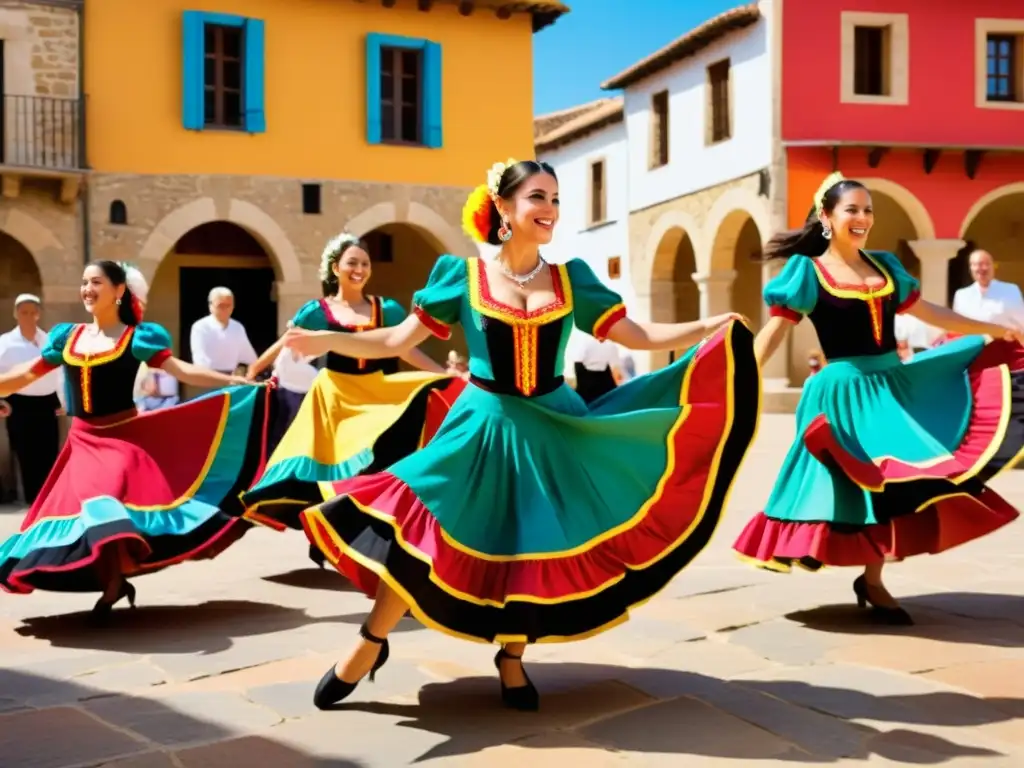 Un grupo de bailarines españoles en trajes vibrantes realiza fandangos y jotas en una plaza histórica