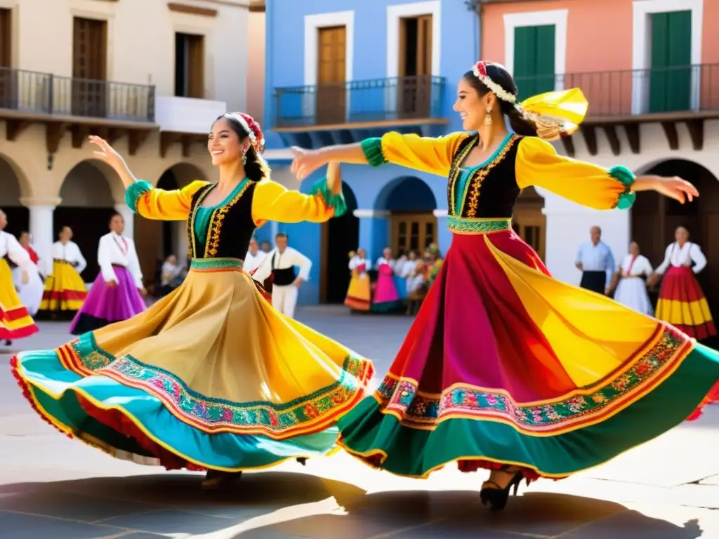 Bailarines españoles de la Jota: tradición y colorido Grupo de bailarines españoles con trajes vibrantes realizando la Jota en una plaza soleada