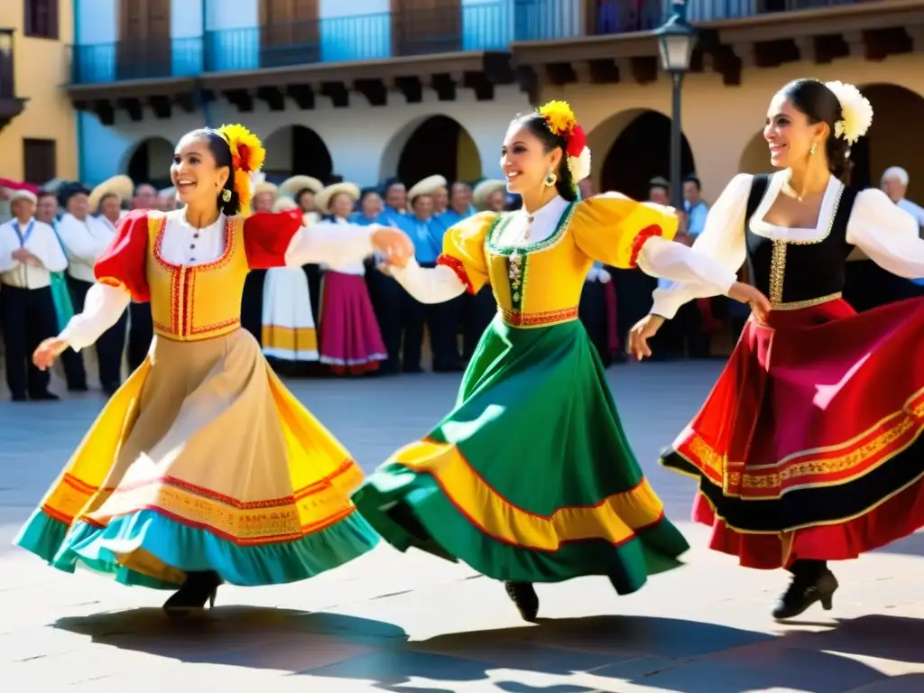 Jota española: baile tradicional y alegre en la plaza Grupo de bailarines españoles en trajes tradicionales realizando una animada jota en la plaza