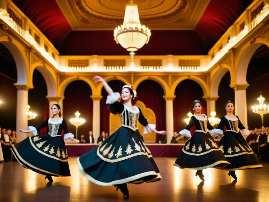 Grupo de bailarines españoles en trajes del siglo XVII realizando la zarabanda en un salón ornamentado