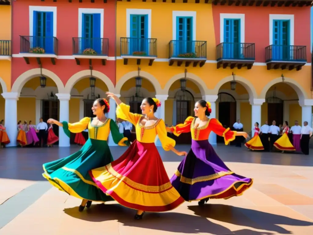 Grupo de bailarines españoles en trajes coloridos bailando el animado Fandango en una plaza soleada