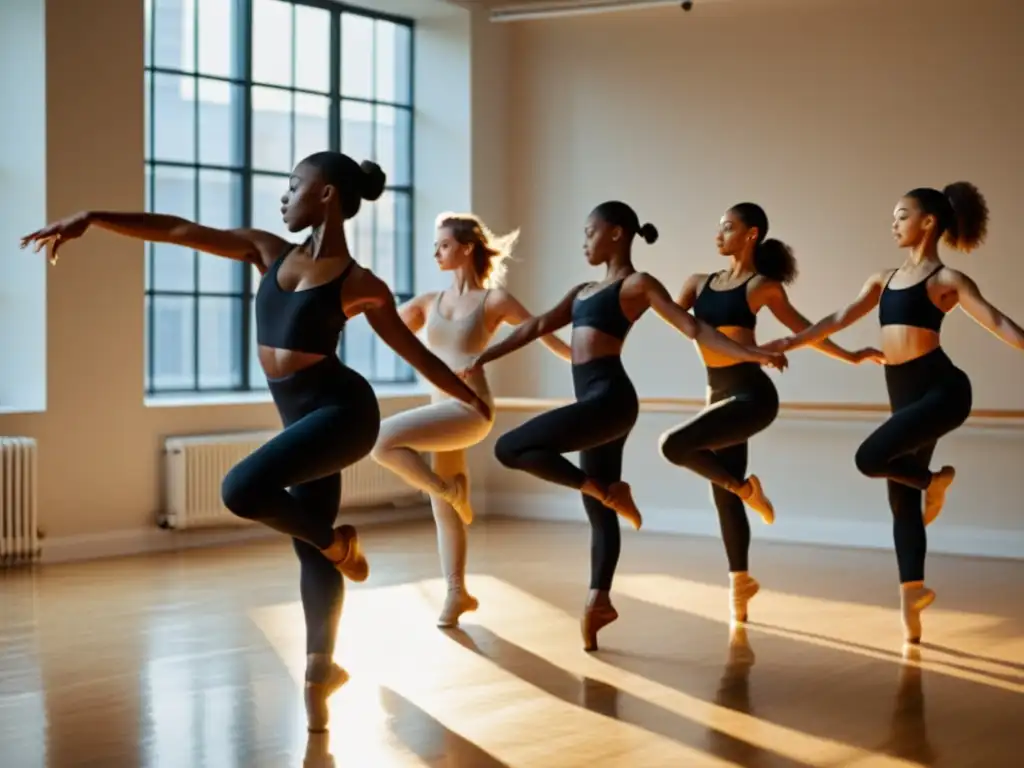 Grupo de bailarines practicando diferentes estilos de danza en un estudio, transmitiendo pasión y disciplina en sus rutinas de entrenamiento para presentaciones escénicas