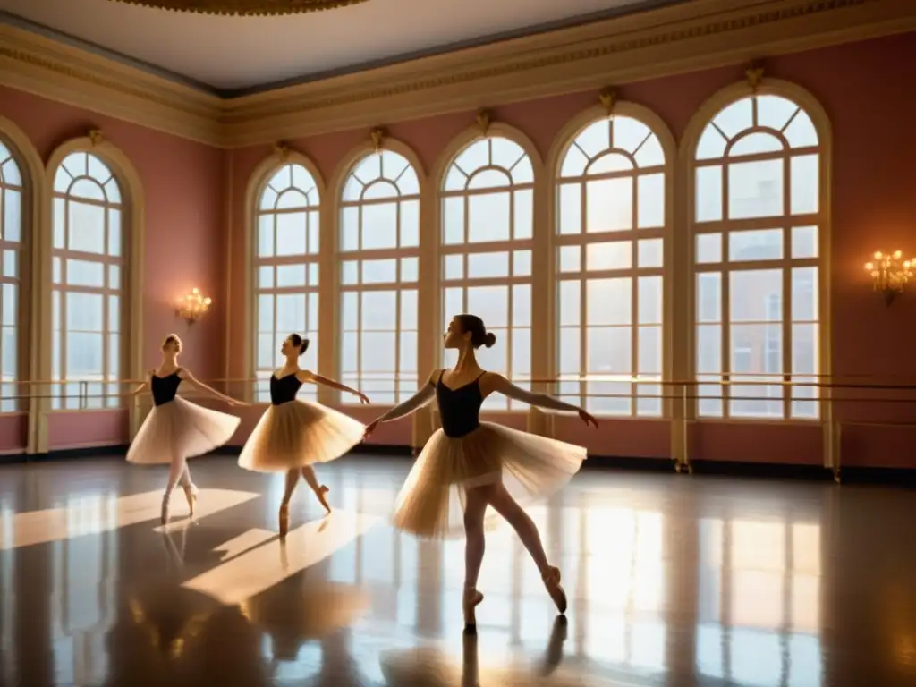 Grupo de bailarines practicando en un estudio de ballet histórico, con gracia y destreza