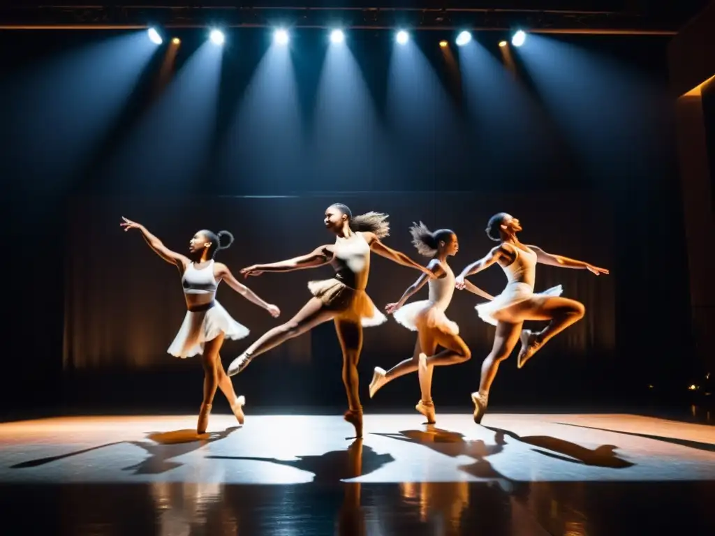 Grupo de bailarines en un estudio conmovedor, congelados en el aire en un salto grácil