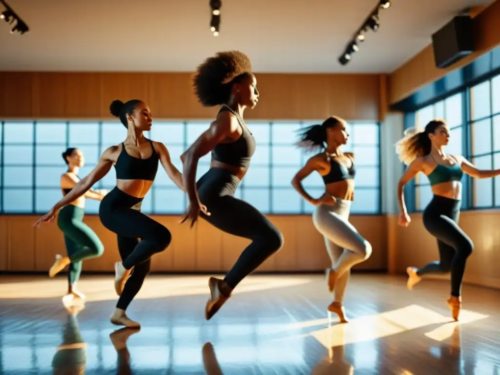 Grupo de bailarines en estudio de danza, con expresiones intensas