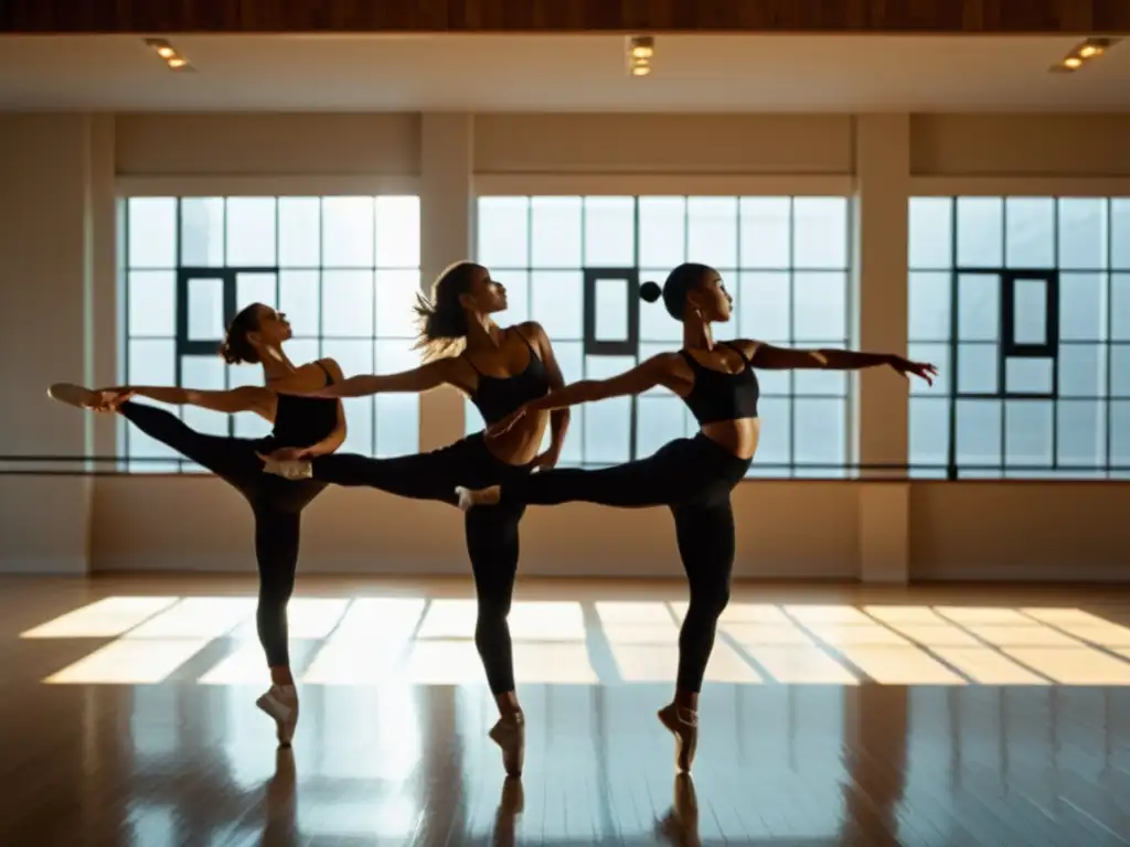 'Grupo de bailarines en estudio de danza, movimientos elegantes y precisos, expresando pasión y enfoque