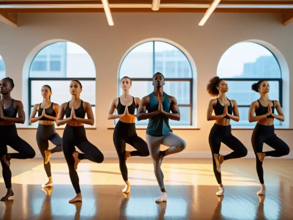 Grupo de bailarines en estudio realizando ejercicios para aumentar capacidad pulmonar, enfocados y determinados