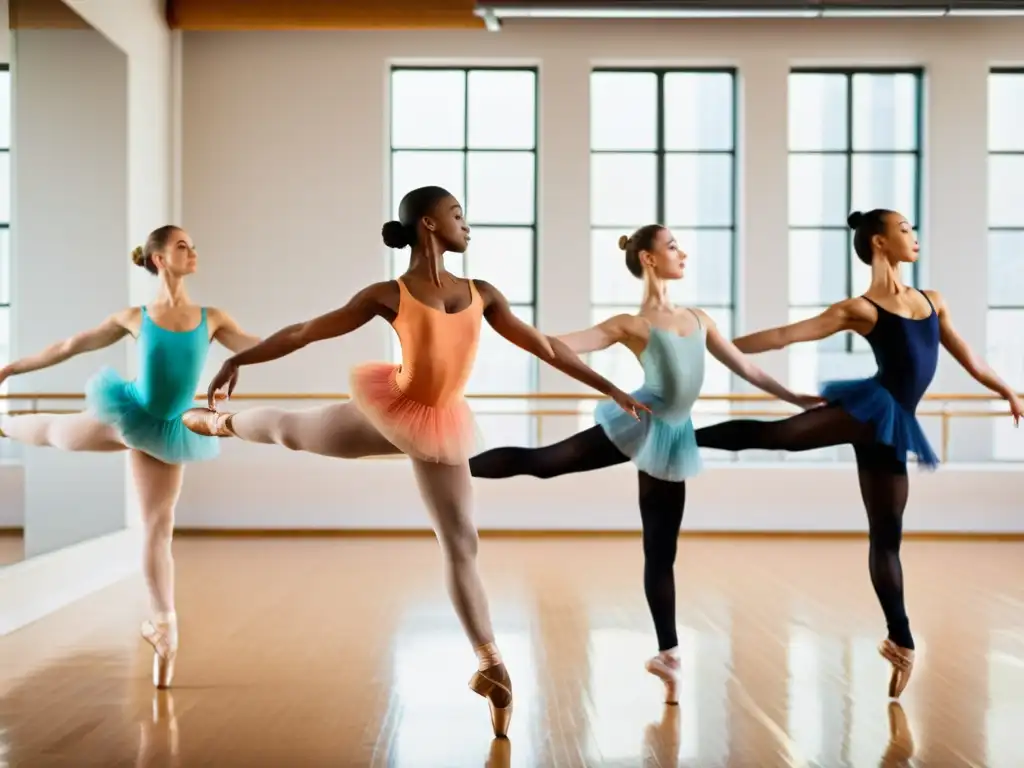 Grupo de bailarines en estudio de ensayo, vistiendo coloridos leotardos y medias, ejecutan movimientos sincronizados