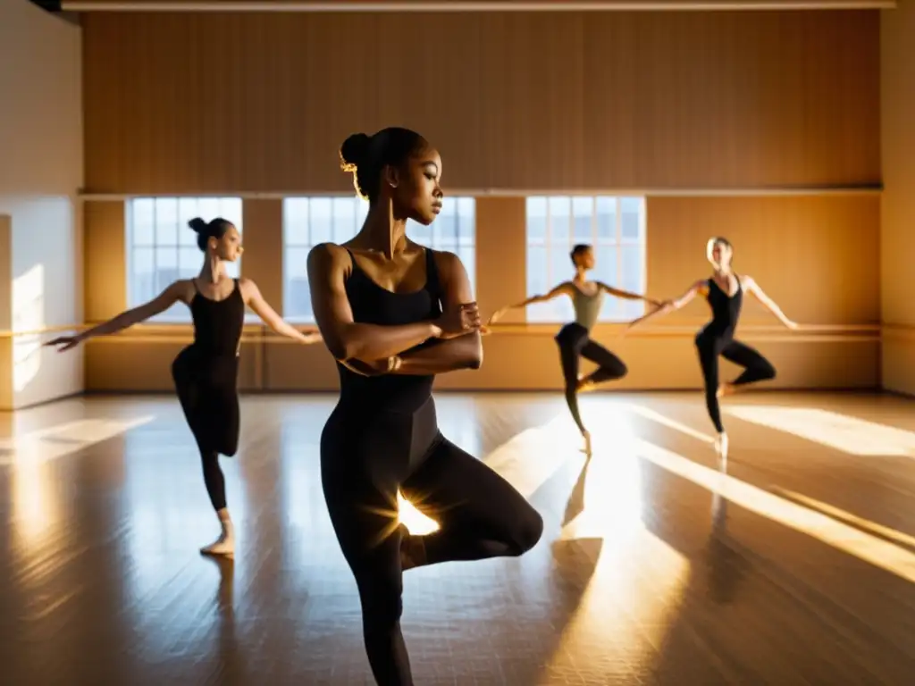 Grupo de bailarines en un estudio, entrelazados en una formación grácil que captura la importancia de la colaboración en danza