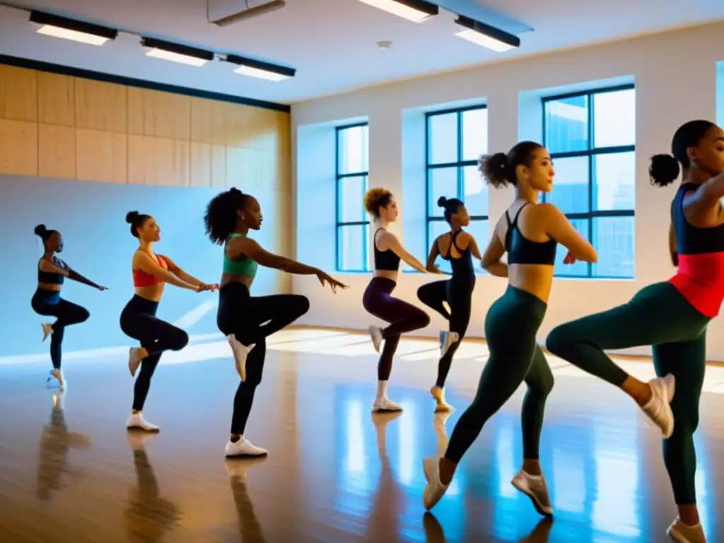 Grupo de bailarines en un estudio espacioso y bien iluminado, realizando rutinas de calentamiento dinámico para bailar, reflejando energía y pasión