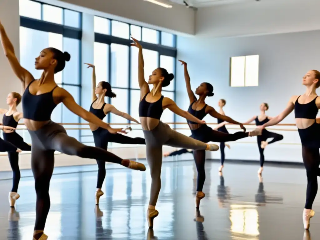 Un grupo de bailarines ensayando en un estudio espacioso y bien iluminado, con espejos en las paredes y una barra de ballet en primer plano