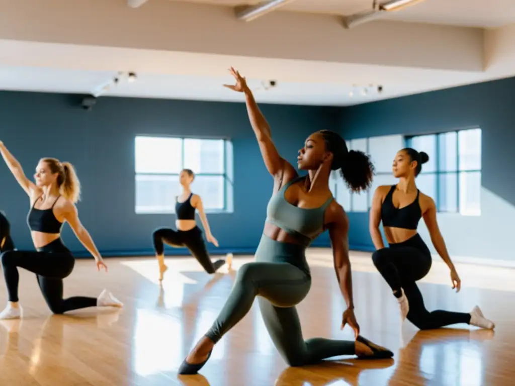 Un grupo de bailarines en un estudio espacioso y luminoso, realizando rutinas de calentamiento dinámico antes de un ensayo de baile