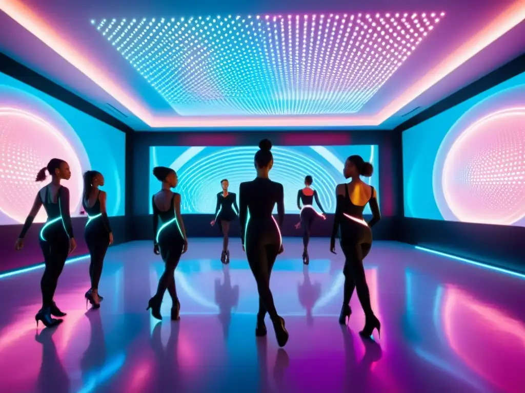 Grupo de bailarines en estudio futurista con trajes LED, creando nuevas formas de expresión artística