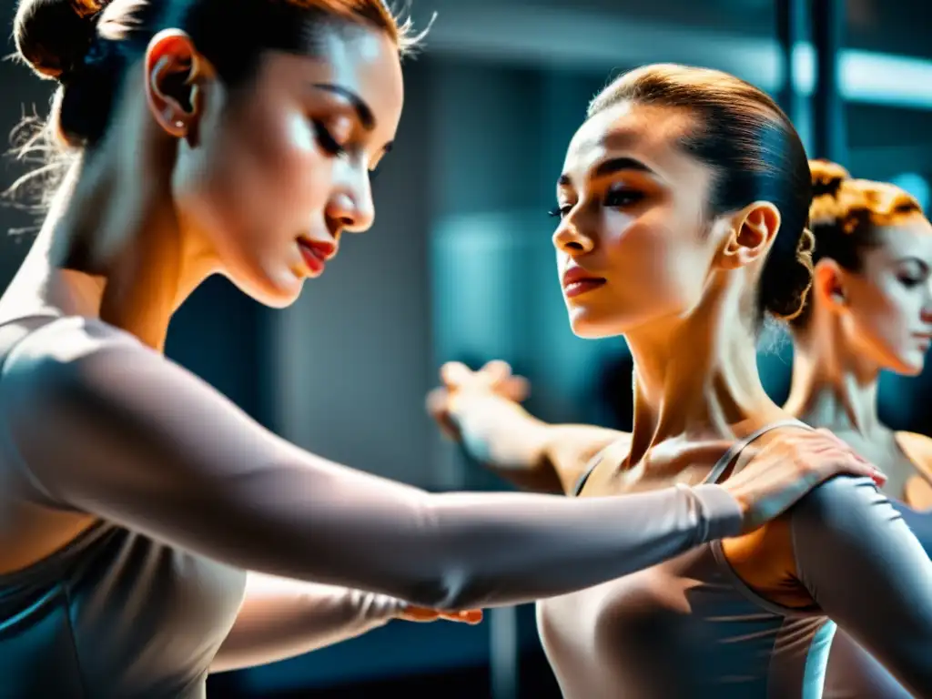 Grupo de bailarines de ballet en estudio, expresando fuerza y flexibilidad Grupo de bailarines en estudio iluminado, estirando y calentando los músculos
