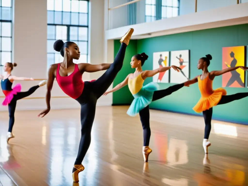 Baile vibrante: preparación y pasión en el estudio Un grupo de bailarines se estira y calienta en un estudio lleno de luz natural
