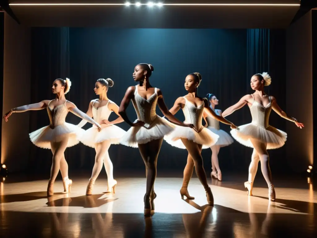 Grupo de bailarines en estudio con luces suaves, vestidos con trajes históricos que muestran la evolución del vestuario de baile