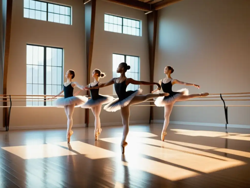 Grupo de bailarines practicando en un estudio luminoso, mostrando movimientos gráciles y expresiones enfocadas