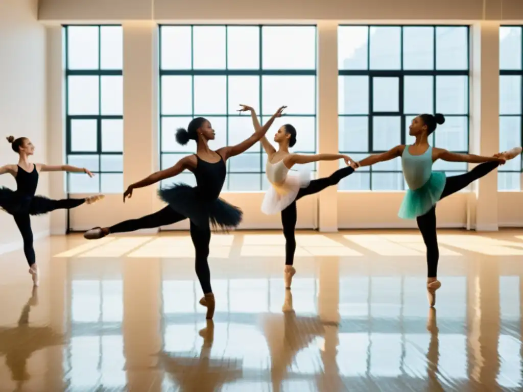 Grupo de bailarines en estudio luminoso practicando disciplinas variadas