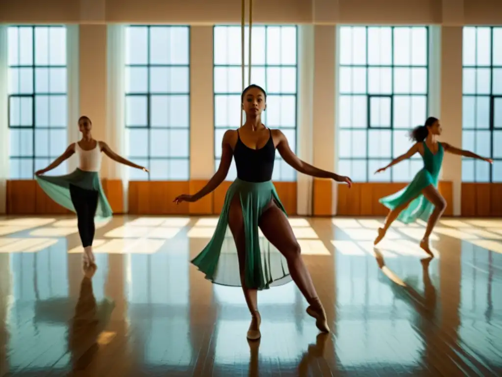 Grupo de bailarines ensayando en un estudio luminoso con cuerdas y telas suspendidas, creando una atmósfera etérea